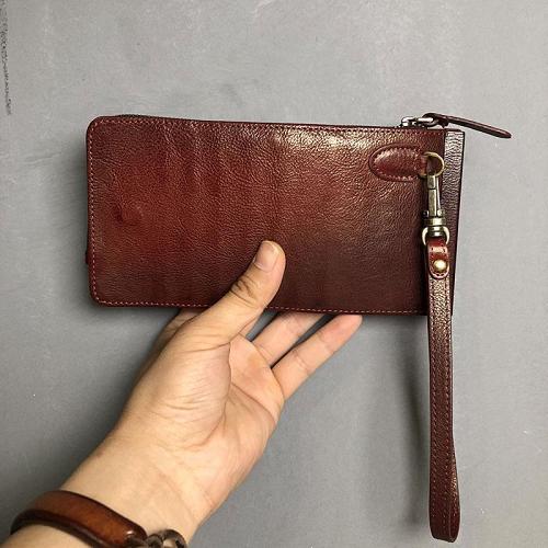 Genuine Leather Mens Cool Long Leather Wallet Cards Phone Zipper Clutch Wristlet Wallet for Men