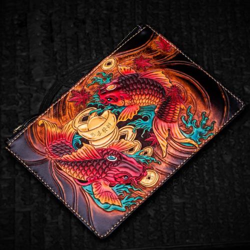 Handmade Leather Carp Tooled Wristlet Bag iPad Bag Mens Cool Leather Wallet Long Clutch for Men