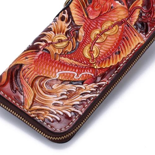 Handmade Leather Carp Mens Chain Zipper Biker Wallet Cool Leather Wallet Long Phone Wallets for Men