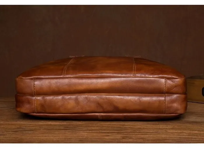 Vintage Brown Leather Mens 15 inches Briefcase Laptop Black HandBag Business Side Bag Work Bag for Men