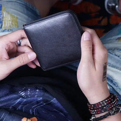 Genuine Leather Mens Cool Zipper Leather Wallet Men Small Wallets Bifold for Men