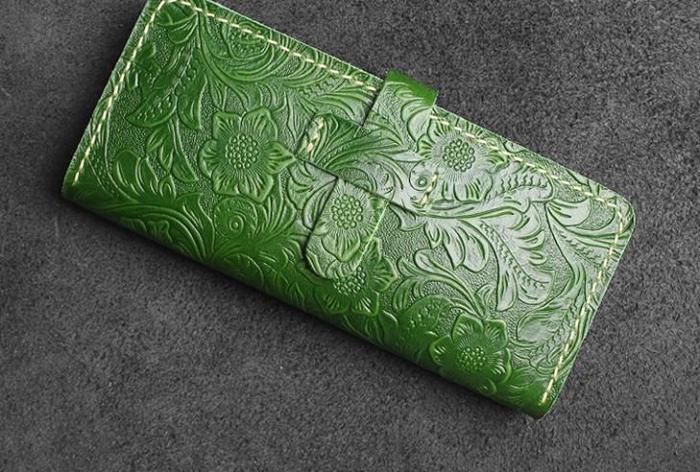 Handmade Leather Floral Mens Cool Travel Long Wallet Card Holder Card Slim Clutch Wallets for Men