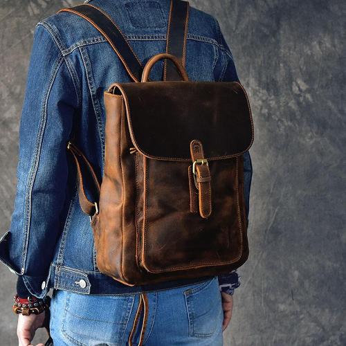 Vintage Leather Mens 13 Travel Backpack Brown College Laptop Backpack for Men