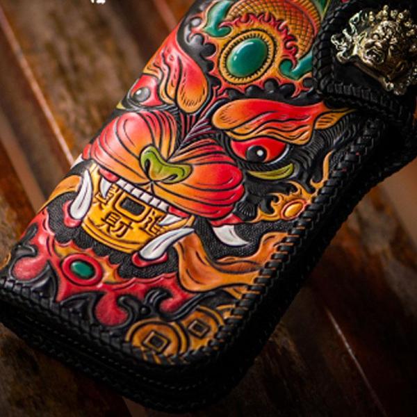 Handmade Leather Monster Mens Chain Biker Wallet Cool Leather Wallet Long Phone Wallets for Men