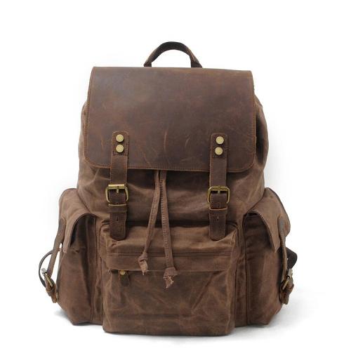 Cool Canvas Leather Mens Waterproof 14'' Computer Backpack Large Hiking Backpack Travel Backpack for Men