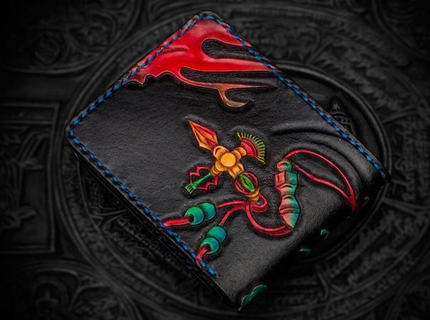 Handmade Leather Tooled Chinese Lion Mens billfold Wallet Cool Slim Wallet Biker Wallet for Men