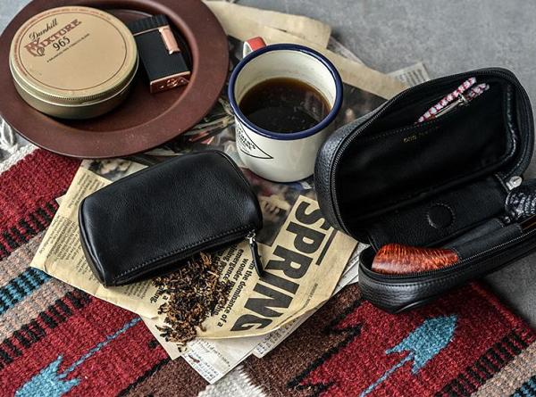 Cool Leather Black Mens Leather 2pcs Tobacco Pipe Case Zipper Tobacco Pipe Case for Men