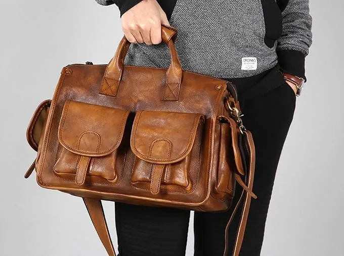Handmade Genuine Leather Vintage Brown Mens Travel Bag Cool Messenger Bag Shoulder Bag Handbag for Men