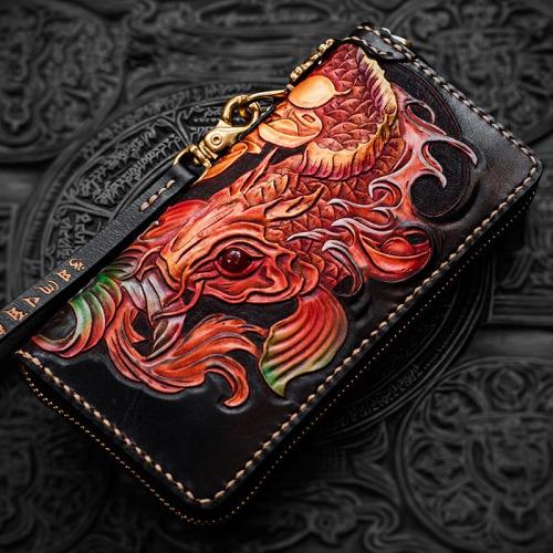 Handmade Leather Tooled Carp Mens Chain Biker Wallet Cool Leather Wallet Long Phone Wallets for Men