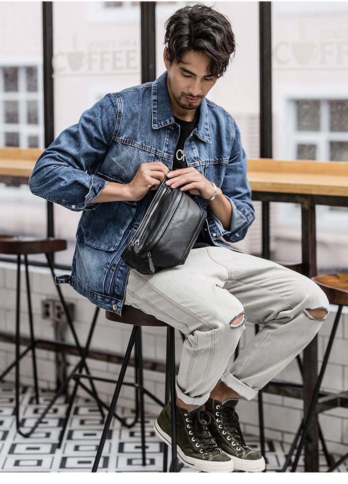 Black Mens Leather Fanny Pack Chest Bag Black Leather Bumbag Leather Belt Bag For Men