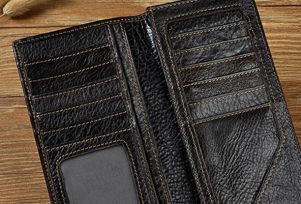 Cool Leather Mens Bifold Wallet Coffee Long Wallet for Men with Multi Cards