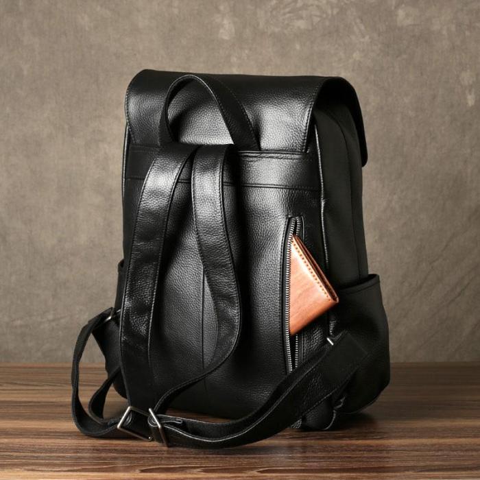 Genuine Leather Mens Cool Backpack Sling Bag Large Black Travel Bag Hiking Bag for men