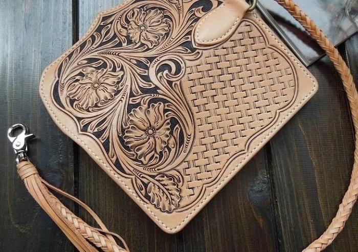 Handmade Leather Biker Wallet Tooled Floral Mens Cool Chain Wallet Trucker Wallet with Chain