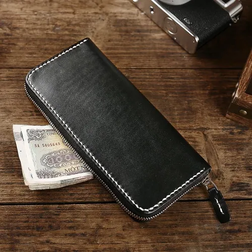 Cool Leather Mens Black Long Wallet Brown Handmade Zipper Wallet Long Wallet For Men
