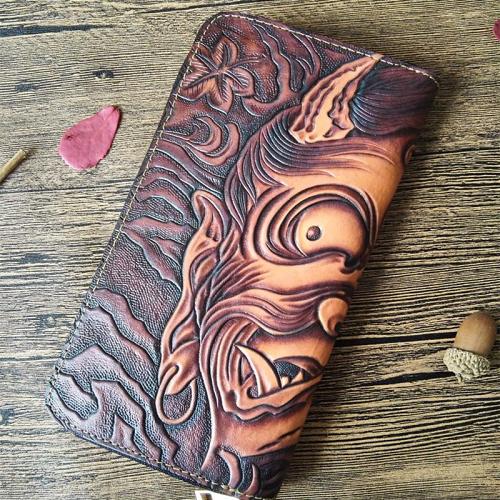 Handmade Leather Buddha&Demon Tooled Mens Long Wallet Cool Leather Wallet Clutch Wallet for Men