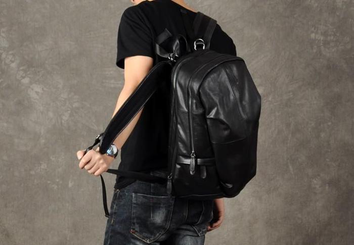 Genuine Leather Mens Cool Backpack Sling Bag Large Black Travel Bag Hiking Bag for men