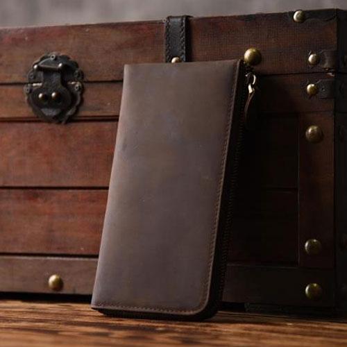 Handmade Leather Mens Cool Long Leather Wallet Zipper Clutch Wallet for Men