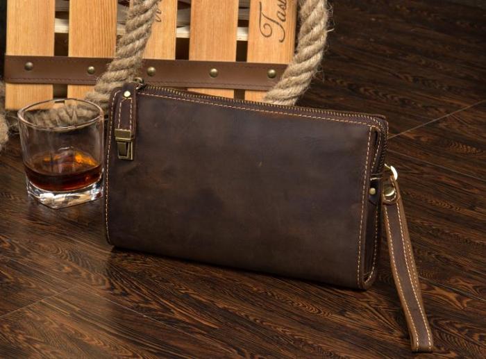 Dark Brown Cool Mens long Clutch Wallet Wristlet Wallet Clutch Bag Large Long Wallet for Men
