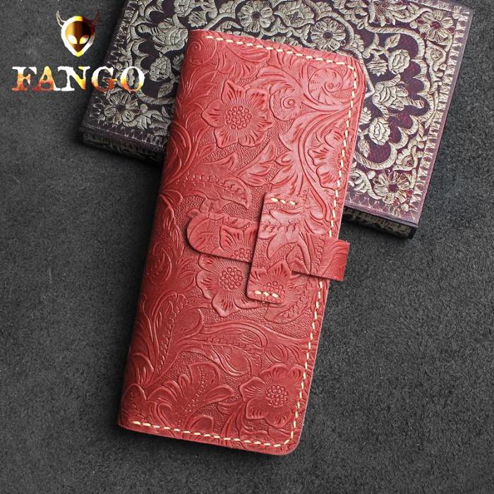 Handmade Leather Floral Mens Cool Travel Long Wallet Card Holder Card Slim Clutch Wallets for Men