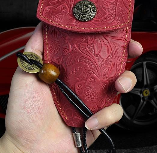 Handmade Leather Floral Mens Cool Car Key Wallet Coin Wallet Pouch Car KeyChain for Men