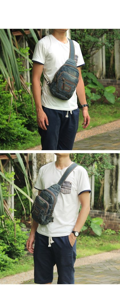 Mens Vintage Blue Denim Sling Bag Chest Bags Jean One Shoulder Backpack For Men