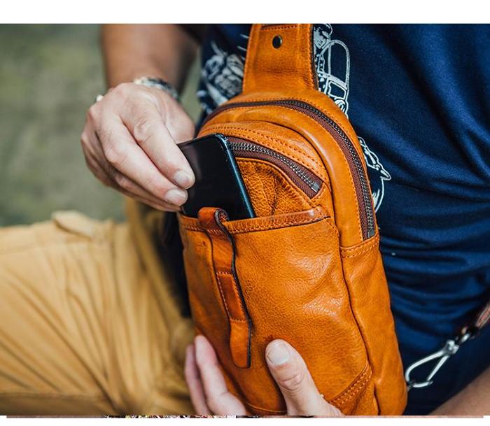 Fashion Brown Leather Men Sling Pack Chest Bag Sling Bag Cool Coffee Leather One Shoulder Backpack For Men