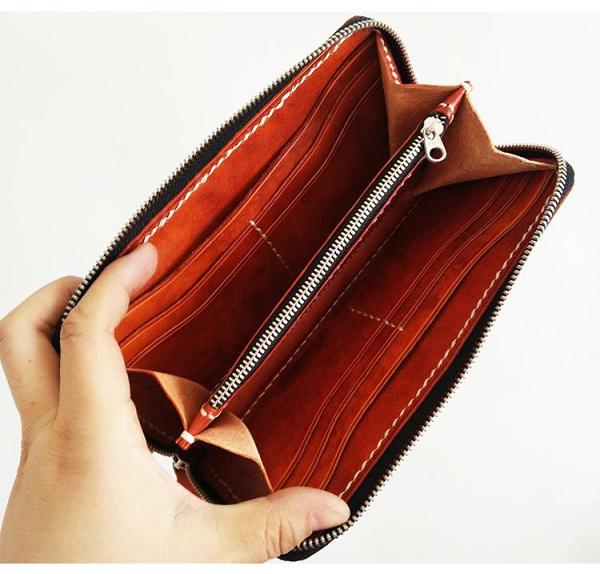 Cool Leather Mens Black Long Wallet Brown Handmade Zipper Wallet Long Wallet For Men