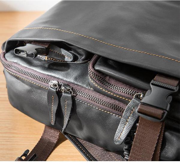 Cool Black Leather Mens 13-inch Computer Backpacks Business Black Travel Backpacks College Backpack for men