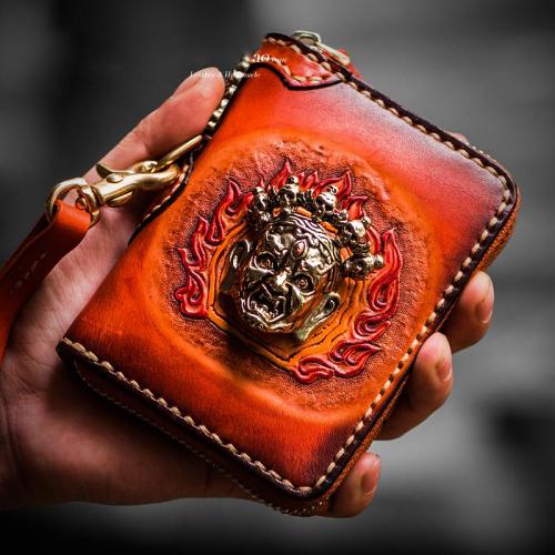 Handmade Mahākāla Leather Black Biker Wallet Mens Cool Short Chain Wallet Trucker Wallet with Chain
