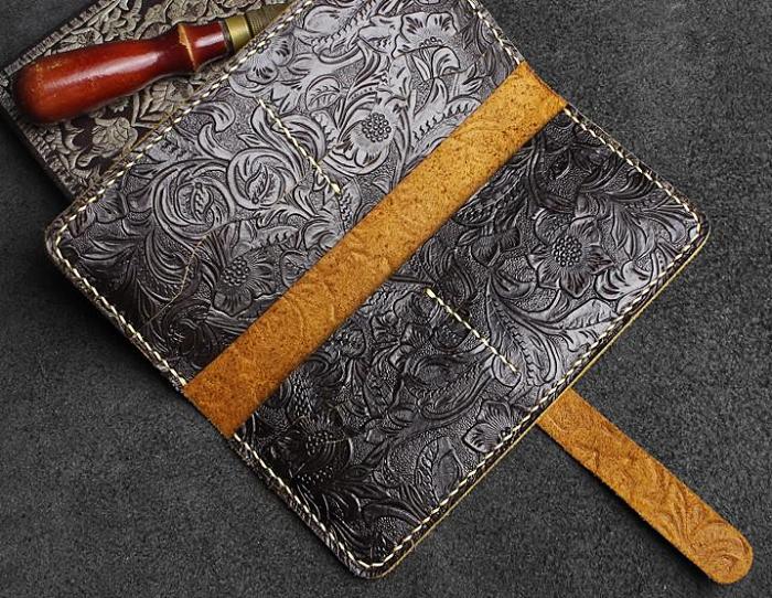 Handmade Leather Floral Mens Cool Travel Long Wallet Card Holder Card Slim Clutch Wallets for Men