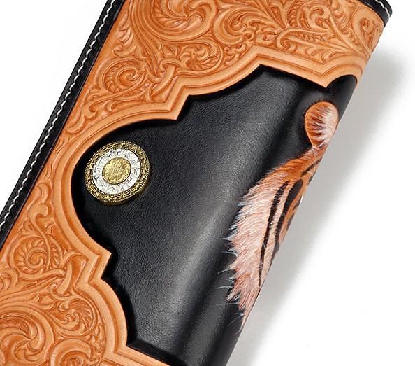 Handmade Leather Mens Clutch Wallet Cool Floral Tiger Tooled Wallet Long Zipper Wallets for Men