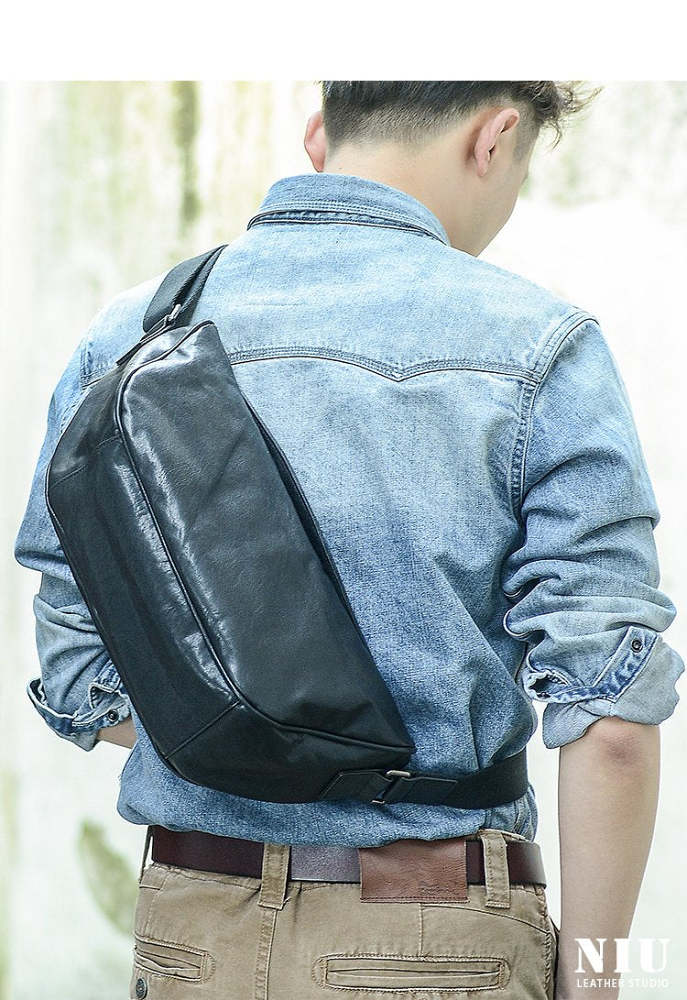 Cool Black Leather Men Chest Bag Large Sling Bag One Shoulder Backpack Sling Packs For Men