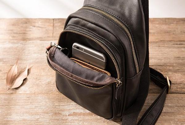 Leather Mens Black Sling Bag Sling Shoulder Bag Sling Backpack for men