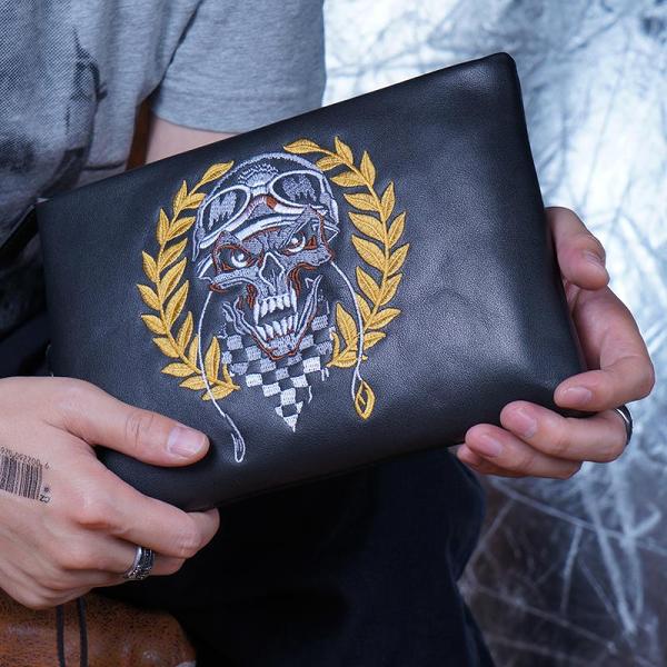 Handmade Leather Mens Clutch Cool Slim Wallet Zipper Clutch Wristlet Wallet for Men
