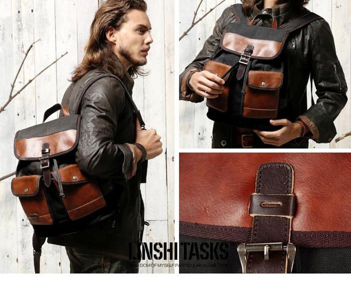 Fashion Canvas Leather Mens Khaki Backpack School Backpack Black Canvas Travel Backpack For Men