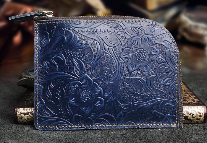Handmade Leather Floral Mens Front Pocket Wallet Cool Slim Leather Wallet Men billfold Wallets Bifold for Men