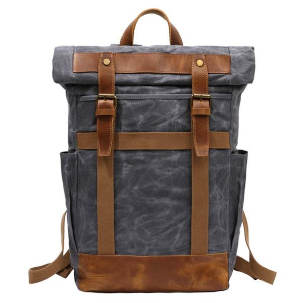 Waxed Canvas Leather Mens Waterproof Black Travel Backpack 15'' Green Computer Hiking Backpack for Men