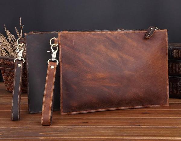 Brown MENS LEATHER SLIM ZIPPER CLUTCH WRISTLET PURSE CLUTCH BAGs FOR MEN