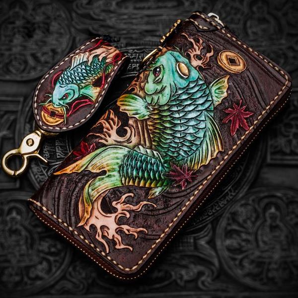 Handmade Leather Tooled Carp Mens Chain Biker Wallet Cool Leather Wallet Long Phone Wallets for Men