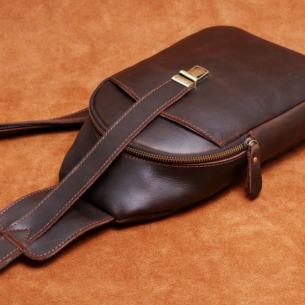 Handmade Leather Mens Cool Chest Bag Sling Bag Crossbody Bag Travel Bag Hiking Bag for men