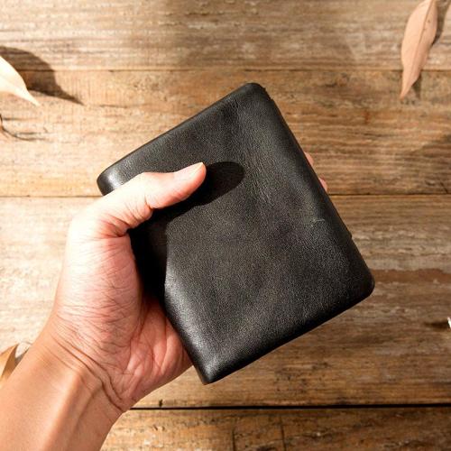 Black Leather Mens Small Wallets Trifold Vintage billfold Wallet for Men