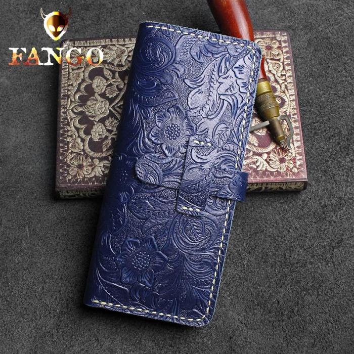 Handmade Leather Floral Mens Cool Travel Long Wallet Card Holder Card Slim Clutch Wallets for Men