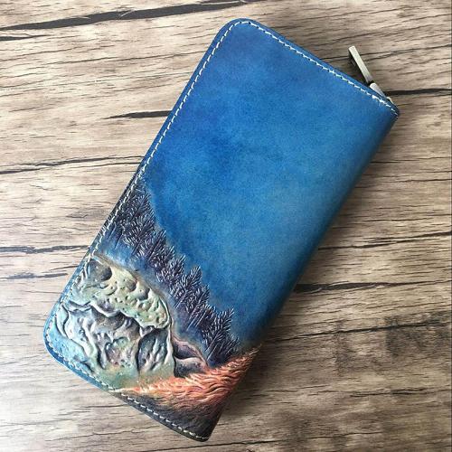 Handmade Leather Wolf Tooled Mens Long Wallet Cool Leather Wallet Clutch Wallet for Men