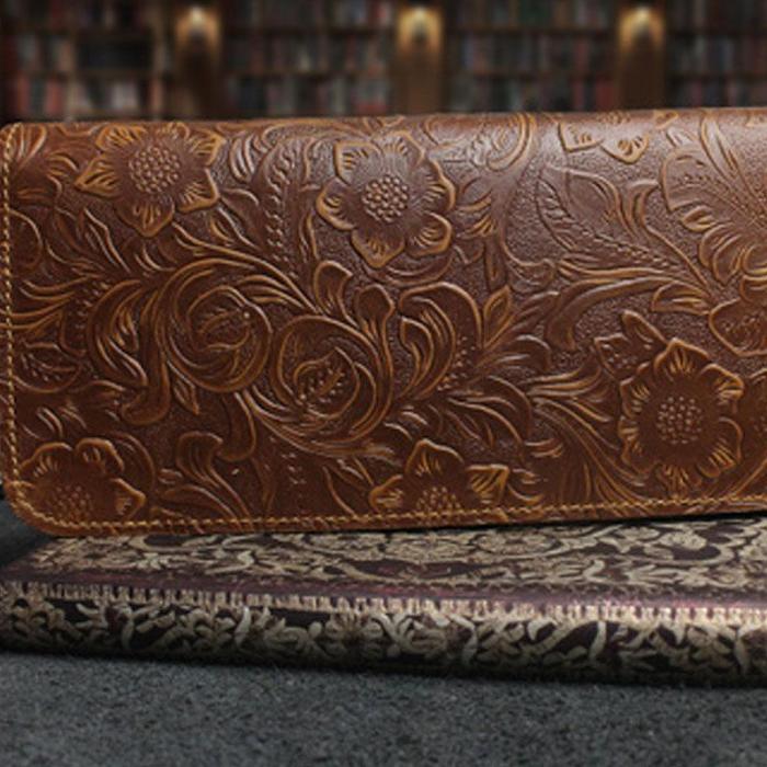 Handmade Leather Floral Mens Cool Travel Long Wallet Card Holder Card Slim Clutch Wallets for Men