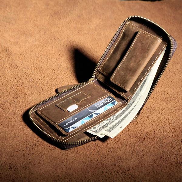Vintage Leather Men Small Zipper Wallet Bifold Wallet for Men