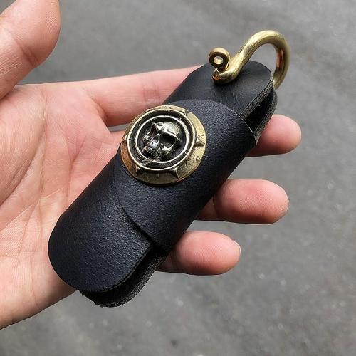 Cool Black Leather Biker Skull Car Key Holder Portable Motorcycle Key Holder For Men