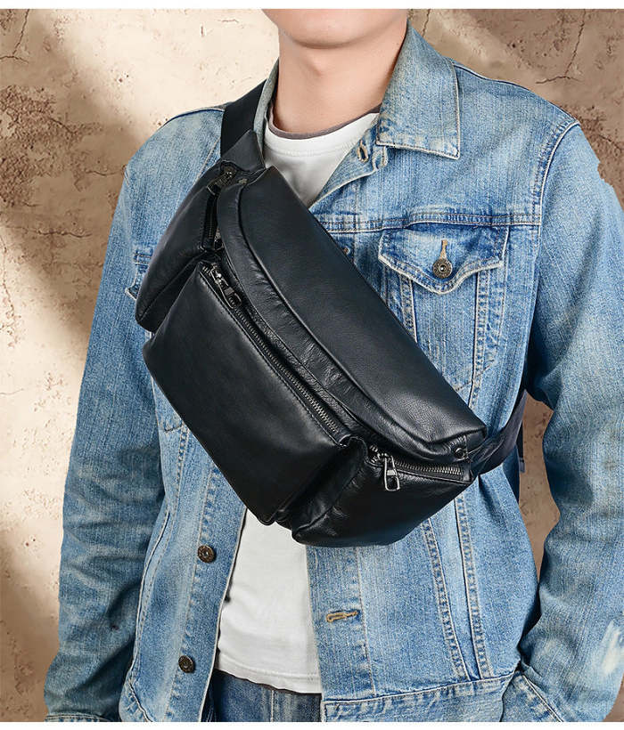 Large Black Leather Fanny Pack Men's Black Chest Bag Hip Bag Large Capacity Waist Bag For Men