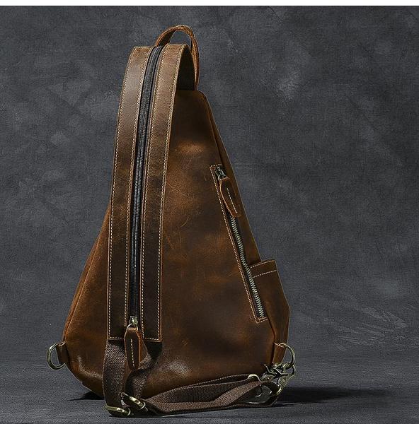 Vintage Leather Mens 16 Backpack Sling Bag Brown Chest Bag One Shoulder Backpack for Men
