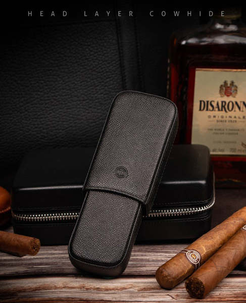 Classic Black Leather 2pcs Cigar Case Cool Leather Cigar Case for Men