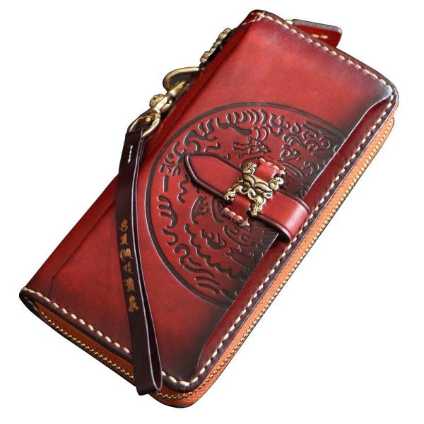 Handmade Mens Tooled Snow Lion Leather Chain Wallet Biker Trucker Wallet with Chain